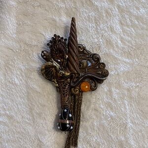 Vintage Style hand made Bronze Brooch with Black and Orange Accents